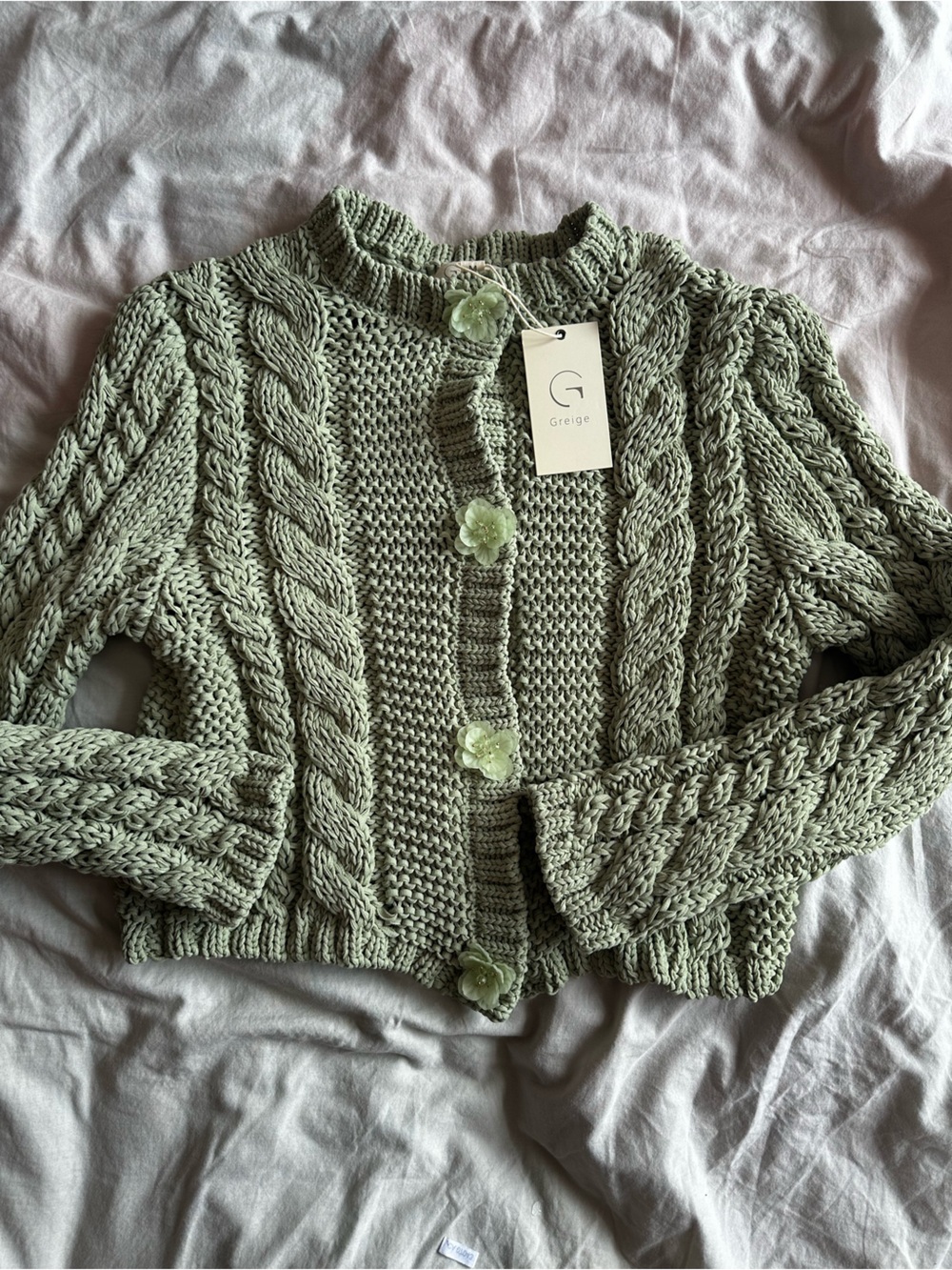 Greige Cozy Cable Knit Cropped Cardigan Floral Button Sage Green Size M - Picture 2 of 15